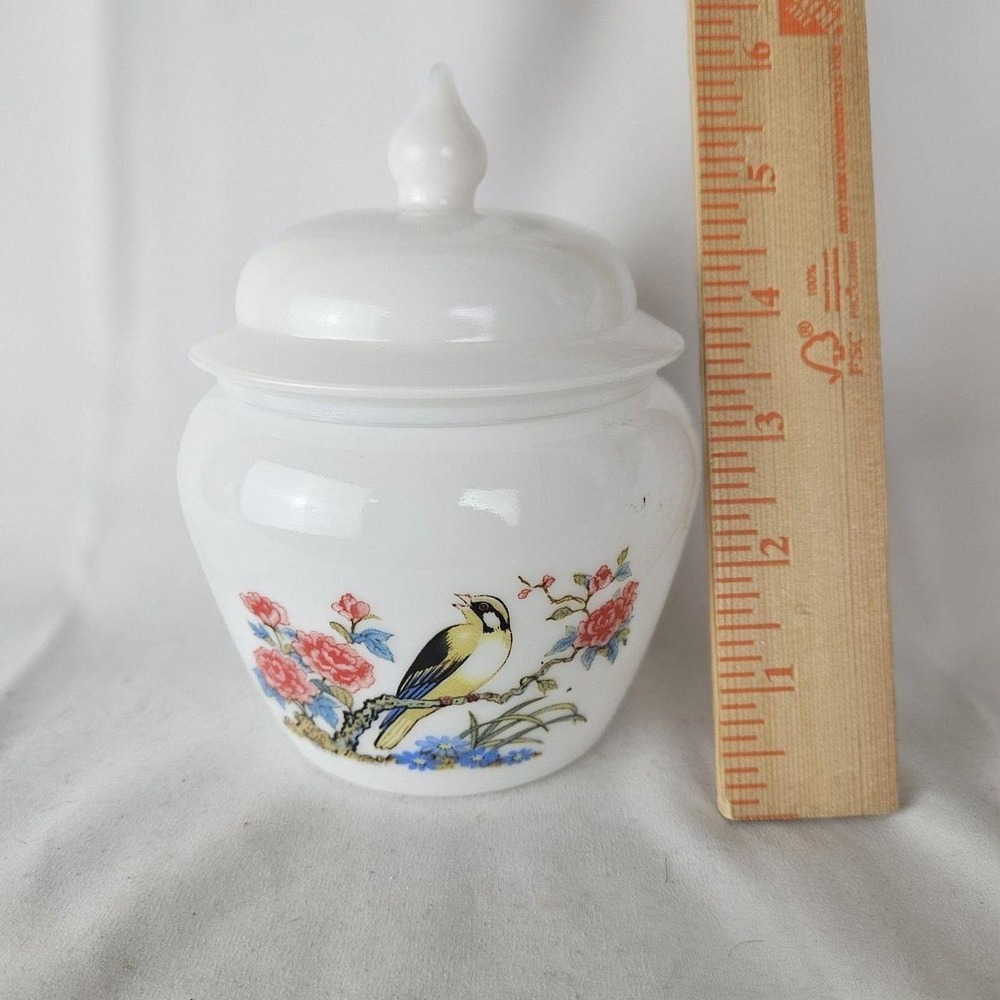 Vintage Avon Milk Glass Apothecary Jar Lid Bird Flower Motif Mid Century Modern